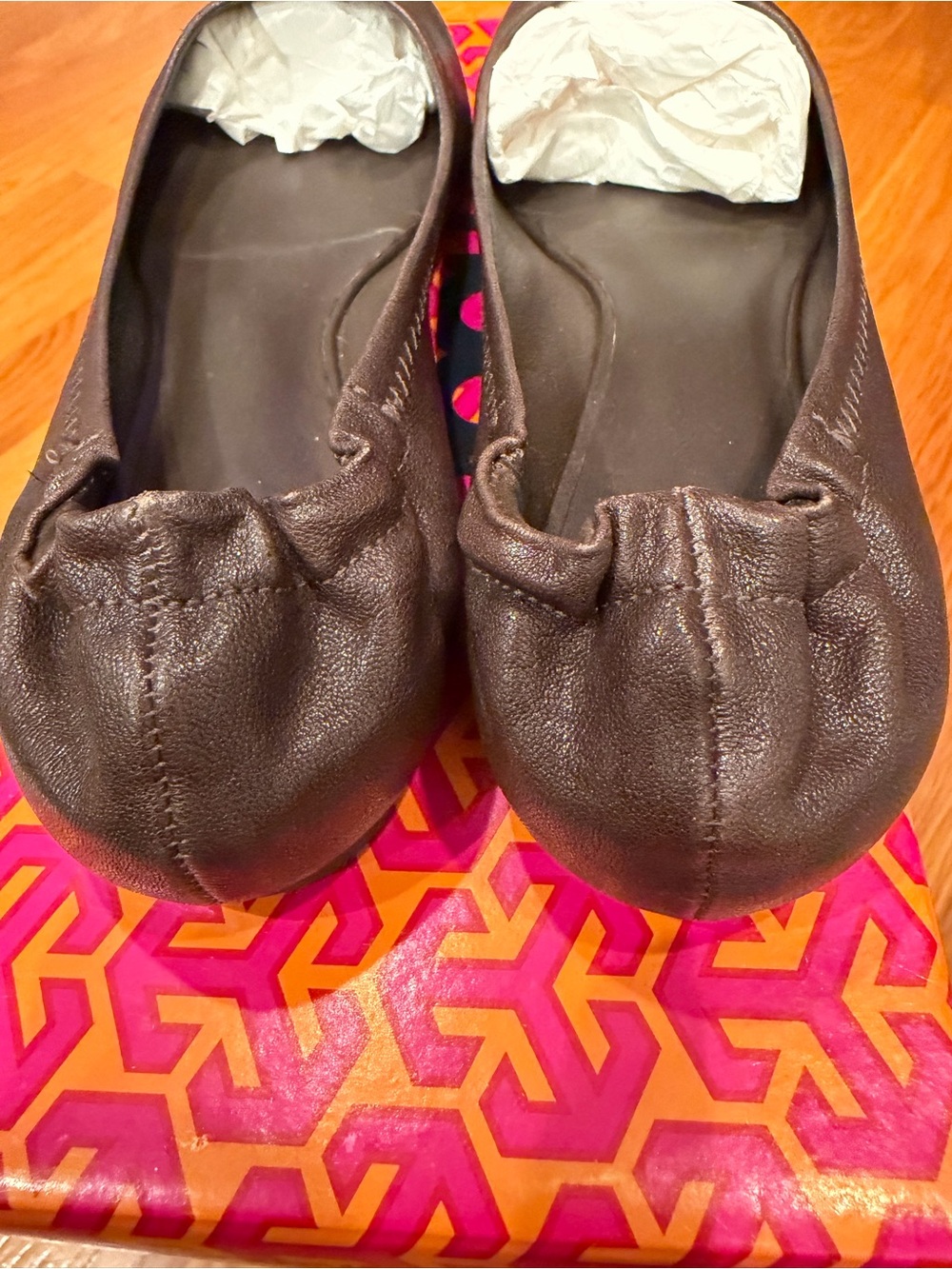 Tory Burch Dark Brown Reva Flats with Tortoiseshell Logo - Picture 6 of 9